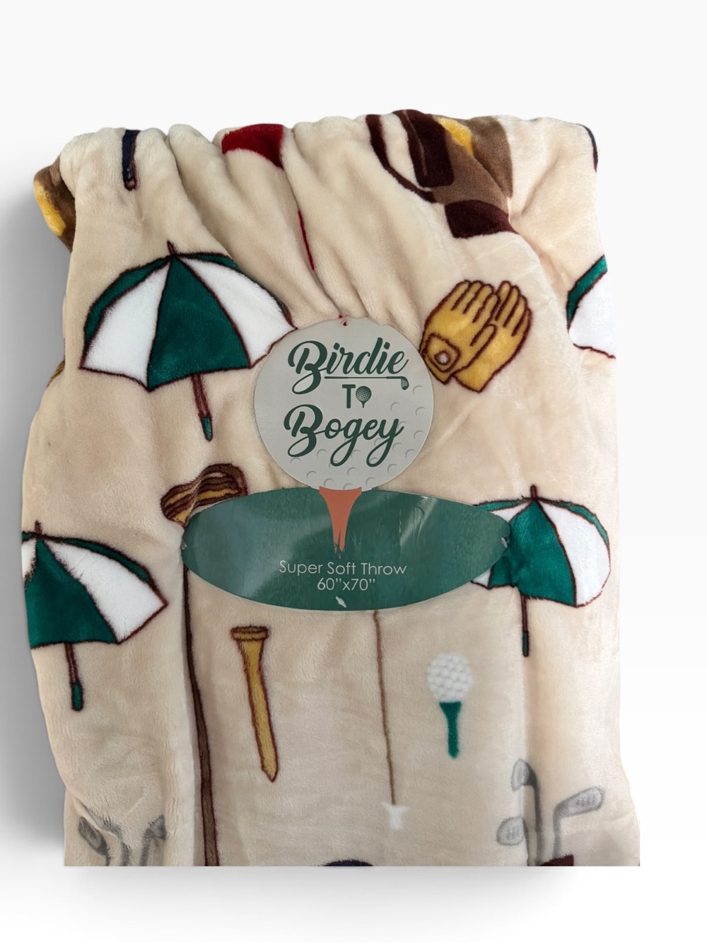Birdie To Bogey Beige Throw Blanket with Golf and Golf Bag and Umbrella Motif